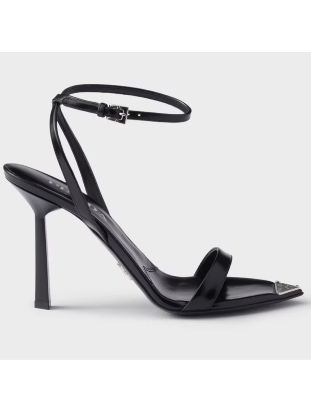 Prada Black Brushed Leather Pointed Toe Logo Ankle Strap Heel Sandal Pump 38